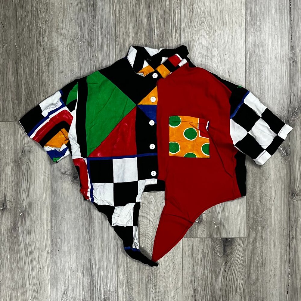 Vintage 90s Memphis Design Colourblock Patchwork Multicolour Made in USA Blouse